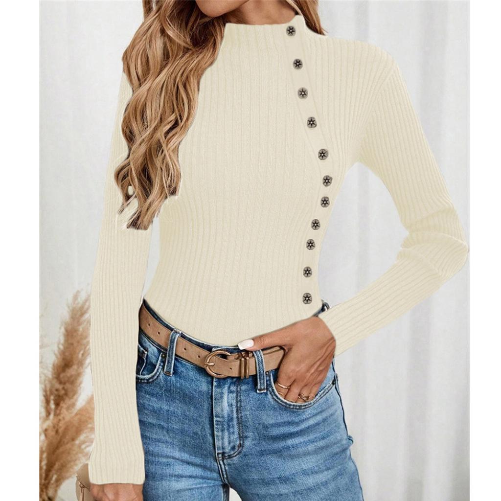 Dame Casual Ensfarget Slim Fit Strikket Genser Langermet Basisgenser Genser