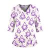 Women's Halloween Print V-Neck Uniform Top with Pockets and Side Slits, Three-Quarter Sleeve Casual Scrub