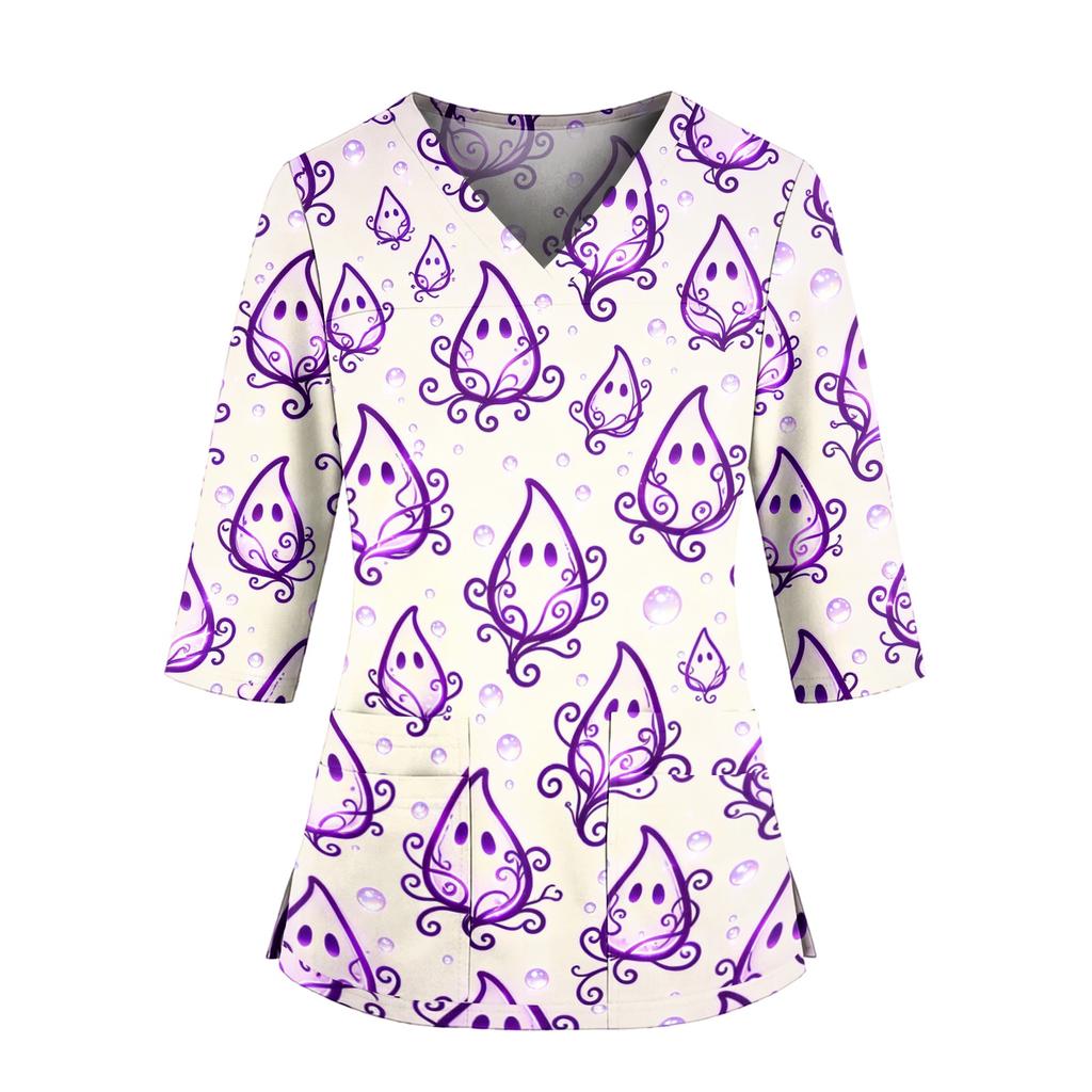 Women's Halloween Print V-Neck Uniform Top with Pockets and Side Slits, Three-Quarter Sleeve Casual Scrub