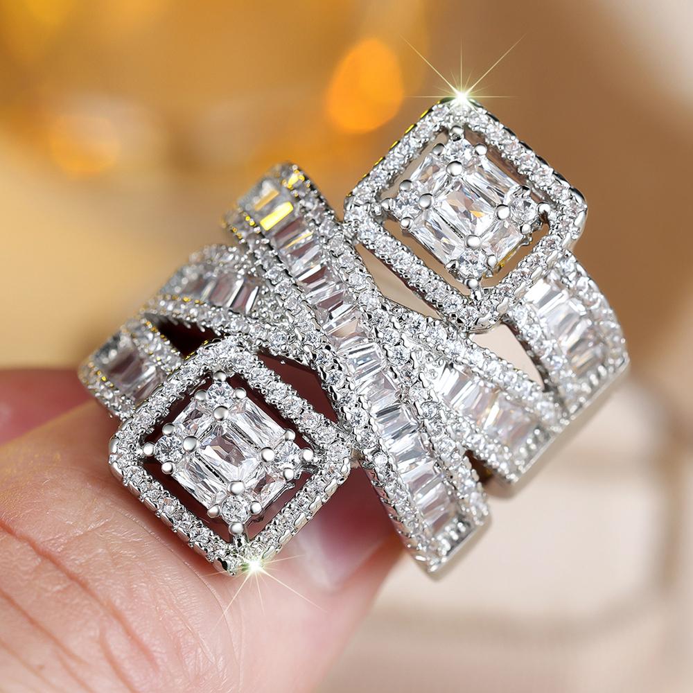 Sparkling Rectangular White Zircon Geometric Rings for Women Wedding Engagement Jewelry Gift
