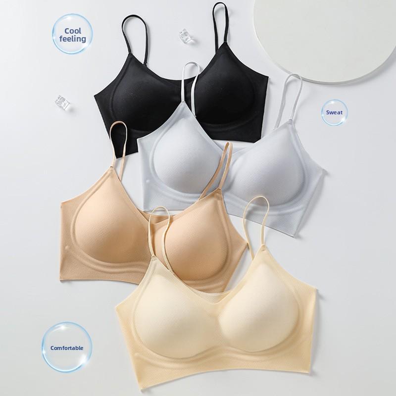 Ice Silk Thin Strap Seamless Bra, Small Bust Push Up Side Gathering Breathable Wireless Bra