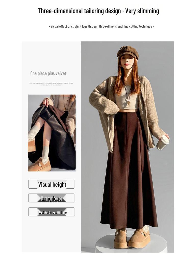 Design-Sense Thick Woolen A-Line Long Umbrella Skirt for Women - High-Waisted, Hip-Covering Autumn/Winter Style