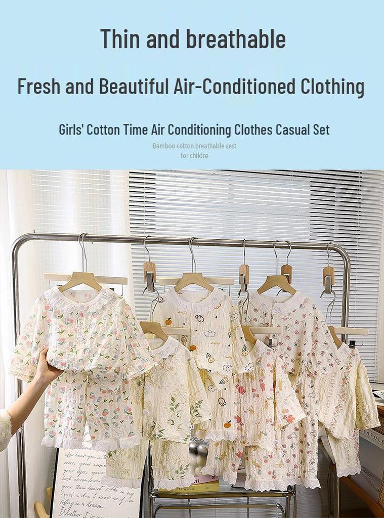 Summer Floral Lace Cotton Pajama Set for Girls: Nine-Sleeve Korean Style Air Conditioning Homewear