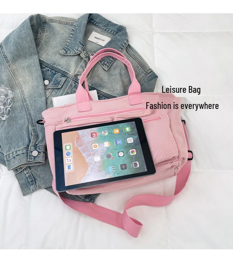 2026 Women's Large Capacity Corduroy Tote: Korean Style Multi-Pocket Handbag & Versatile Crossbody Bag
