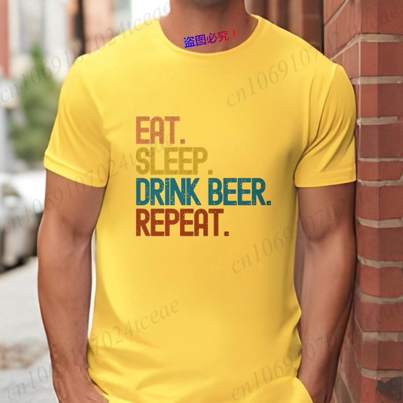 Streetwear Funny 'Eat Sleep Drink Beer Repeat' Print T Shirt Men Casual Summer Short Sleeve Tee Hip Hop Beer Lover Graphic Tops