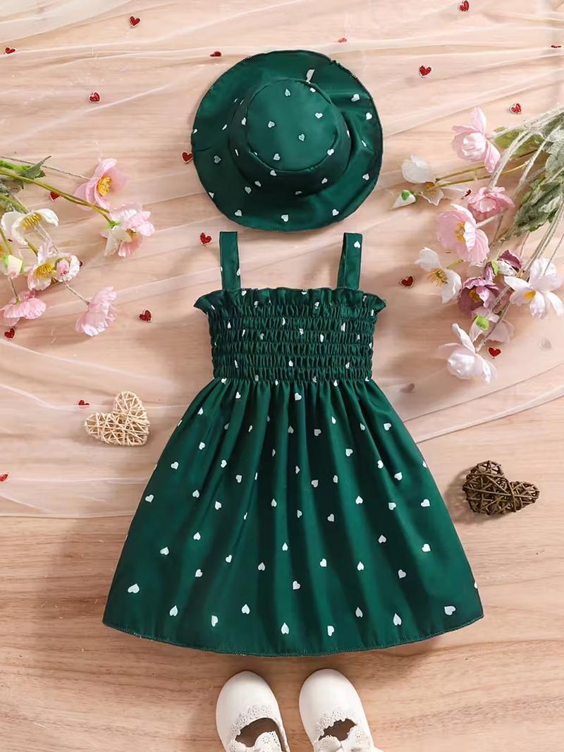 

2Pcs Girls Summer Dress Set 0-3 Years Sleeveless Heart Print Camisole Dress with Hat Baby Princess Outfit Cute Toddler 12-18M