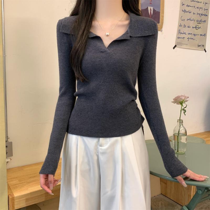 A Short Drawstring Waist Polo Collar Long-sleeved Knitted Sweater Women's Spring and Autumn Bottoming Shirt Top