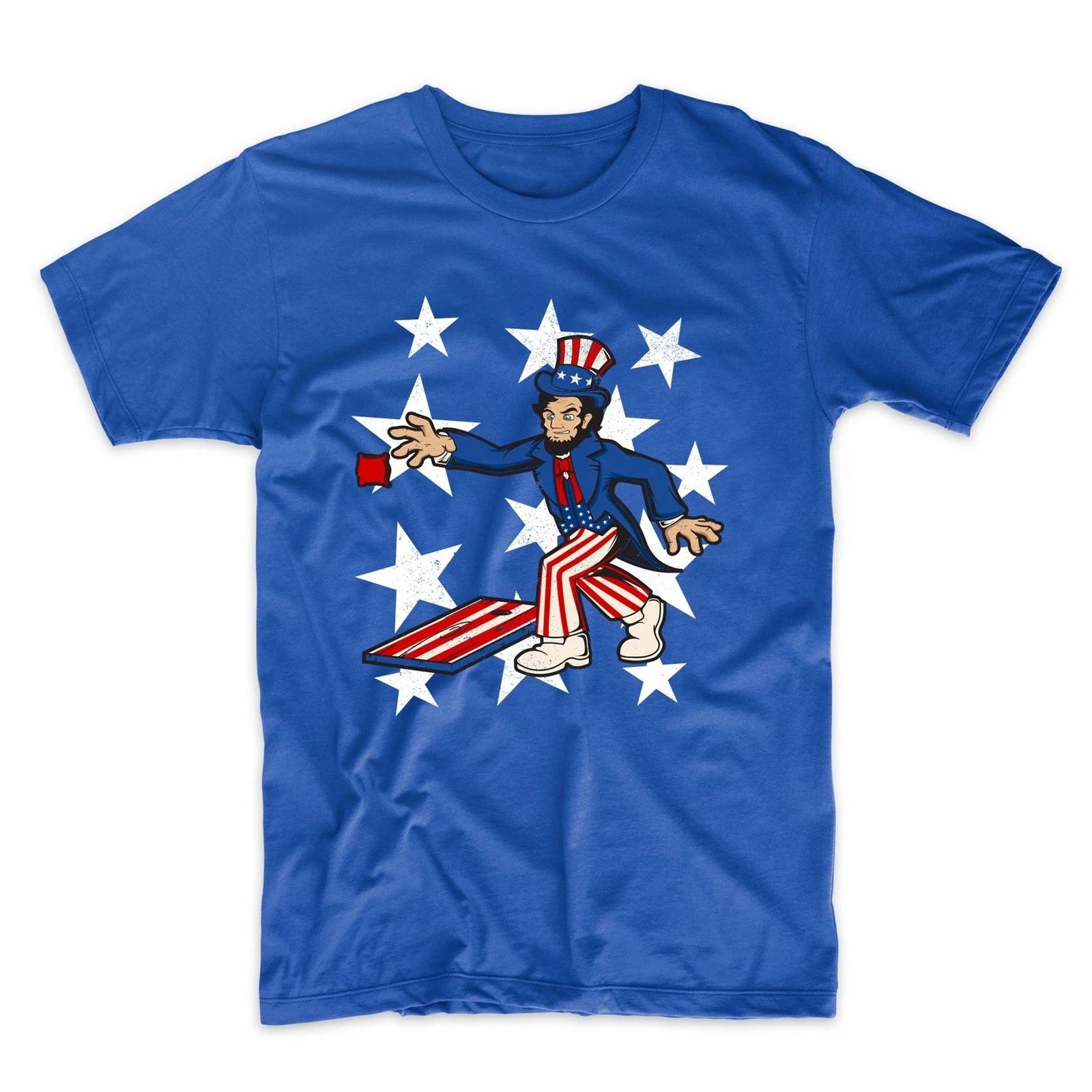 Abraham Lincoln Playing Cornhole Funny 4th of July Cornhole Blue T-Shirt 2XL
