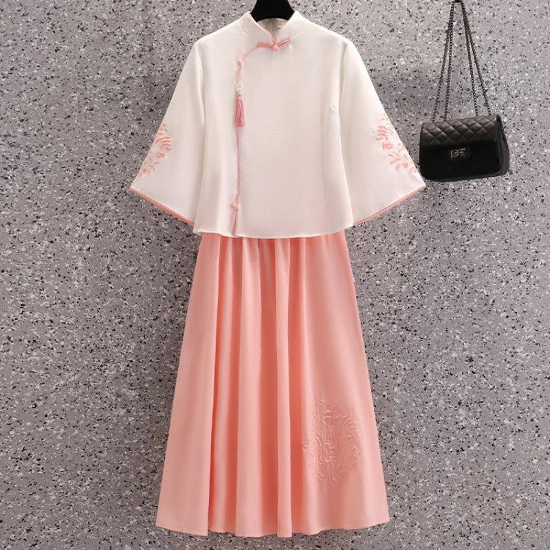 Modern Chinese Tang Suit Hanfu Tea Set: Seven-Sleeve Embroidered Skirt Outfit for Summer