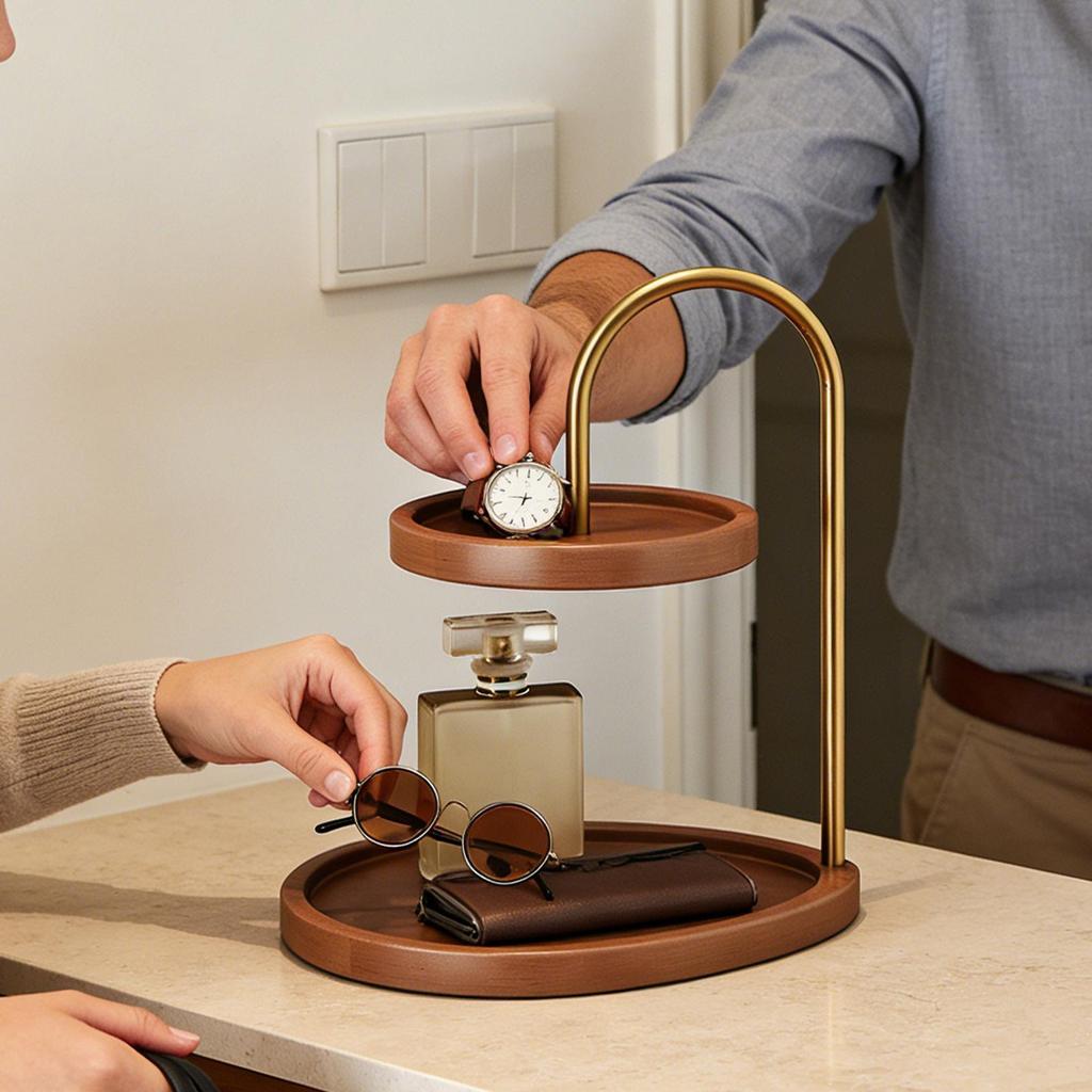 Wooden Tray Round 2-Tier Vintage Display Holder Jewelry Storage Organizer Decorative Tray for Entryway Bedroom Living Room