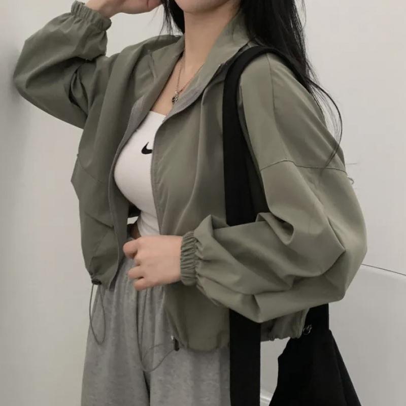 Vintage workwear drawstring short baseball jacket coat for women with a high-end, niche outerwear design