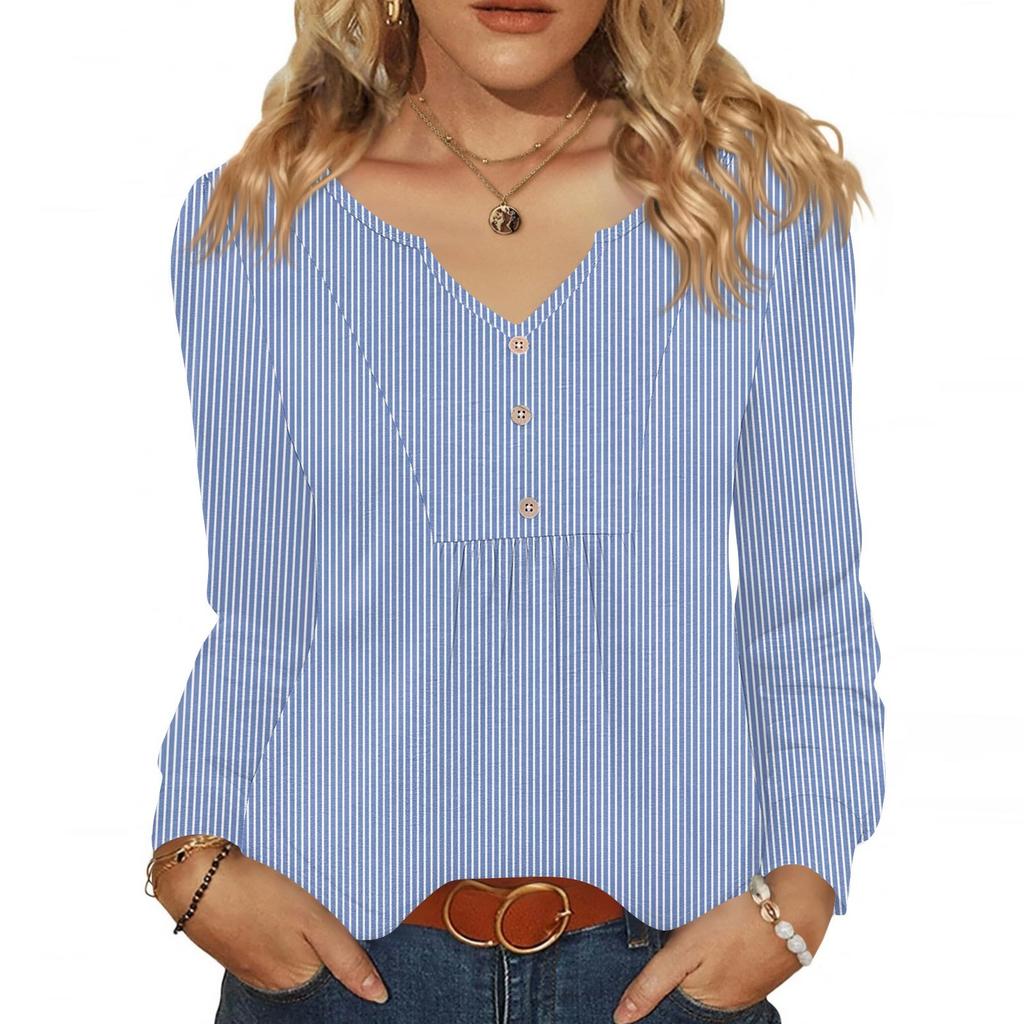 Women's Fashionable Casual V-neck Blouse Button Long-sleeved Pullover T-shirt Top