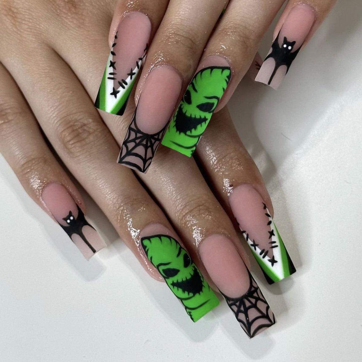 

Halloween Matte Coffin Nails - Bat & Spiderweb Design with Green Goblin Theme