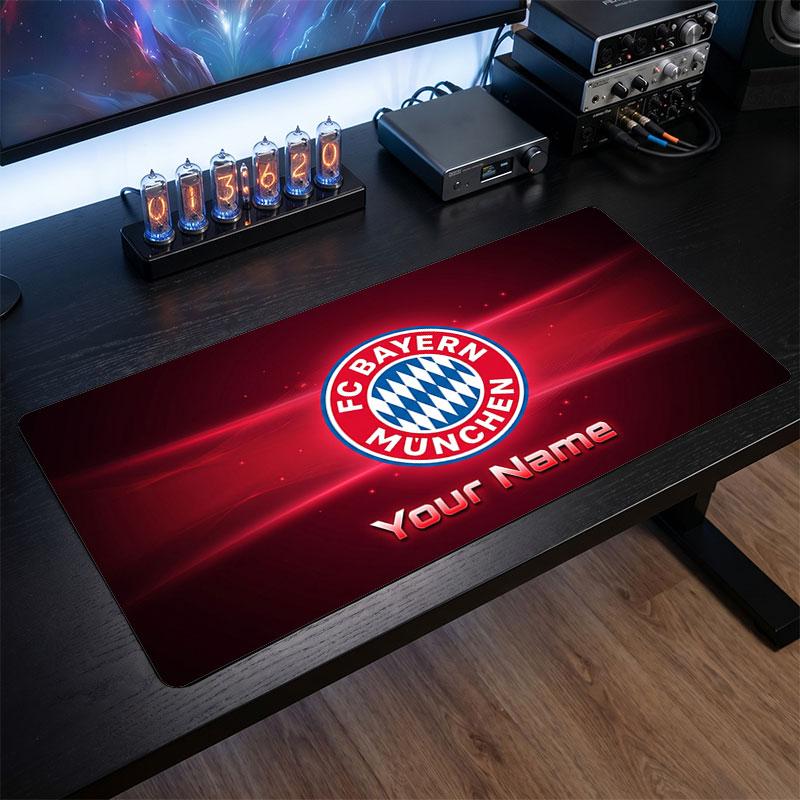 Bayern Munich Custom Large Mouse Pad, Personalized Name Text Print, Football Logo Non‑Slip Desk Mat Gaming Gift