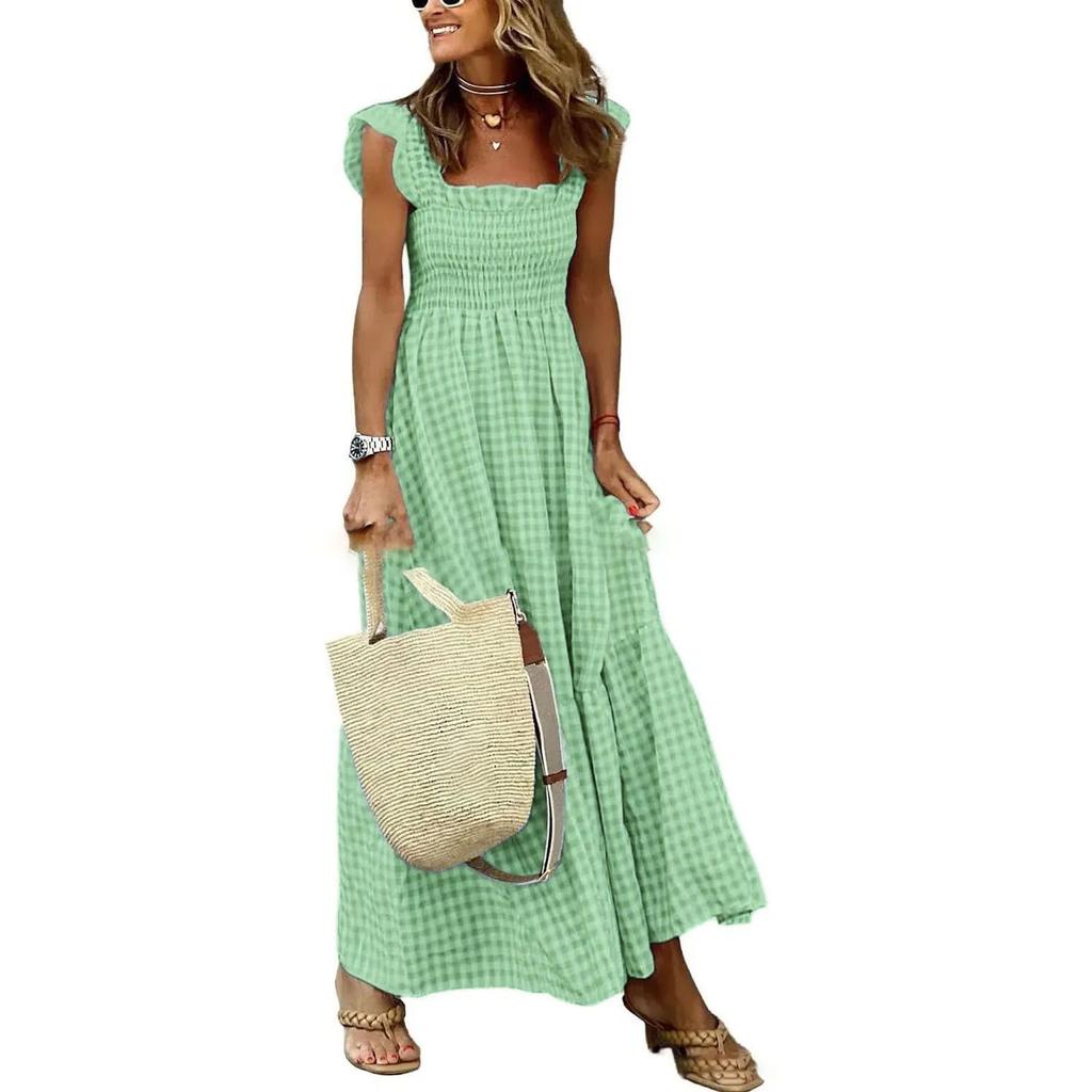 Elegant Plaid Slip Maxi Long Dress Summer Women Strapless Ruffle Backless Pleated Elastic Waist Boho Party Swing Loose Dresses