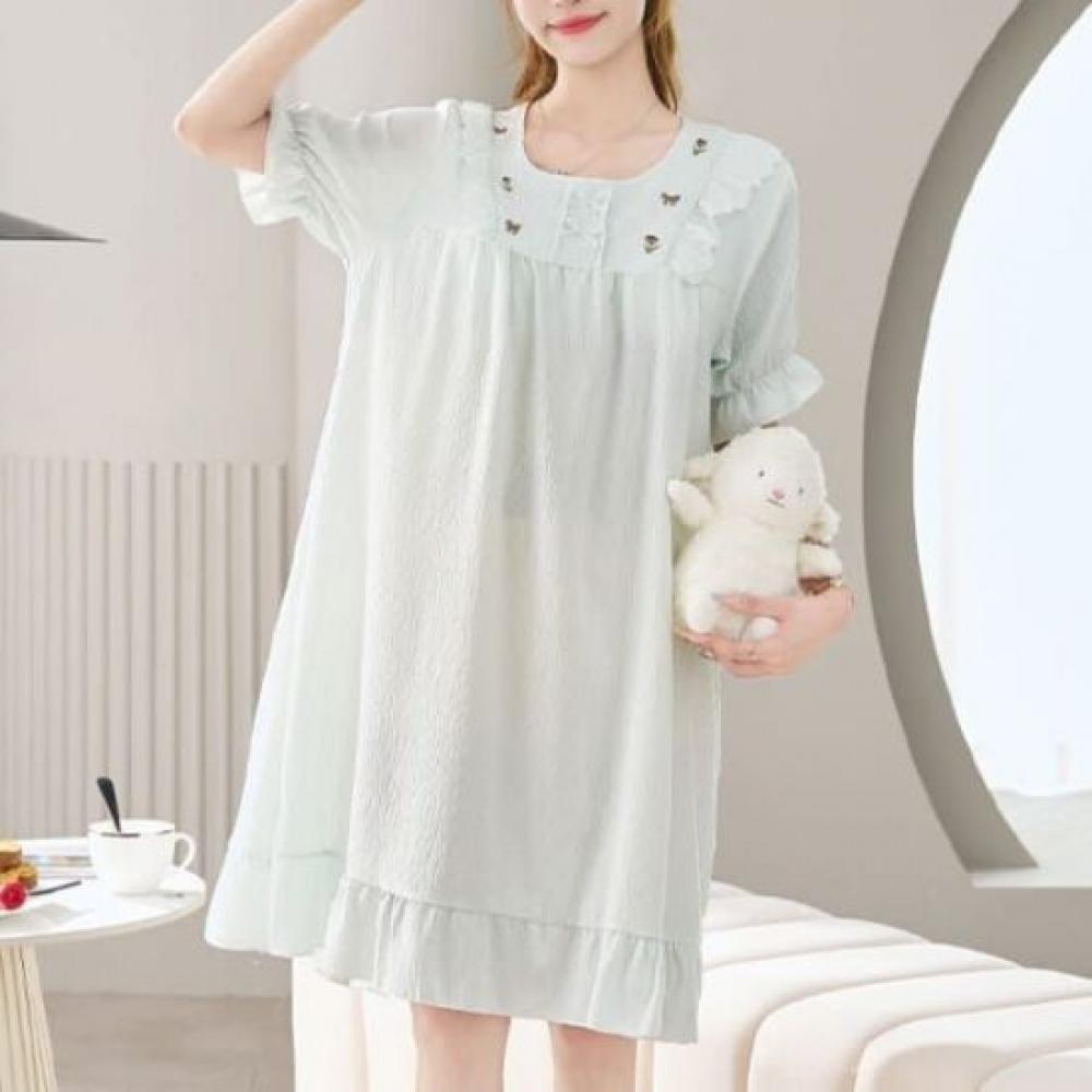 Navava Women Embroidered Point Frill Seersucker Pajama Dress Short Sleeve No923