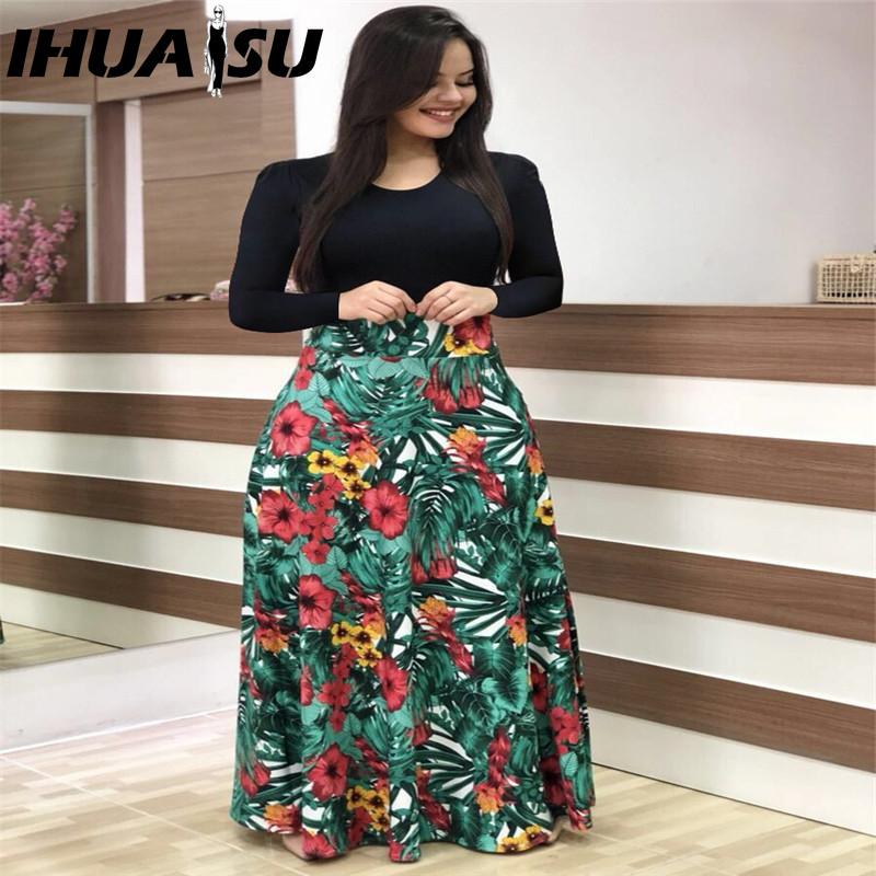 

IHUASU Платье в стиле бохо с цветочным принтом и длинными рукавами, весна-осень, с круглым вырезом, большие длинные платья-качели XXXXXL