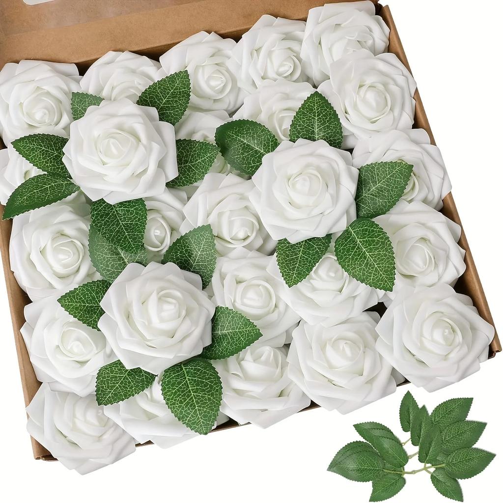 25/30pcs Rose Artificial Flowers Foam Fake Flower Wedding Bridal Decoration Valentines Gift Simulation Roses Home Vase Decor