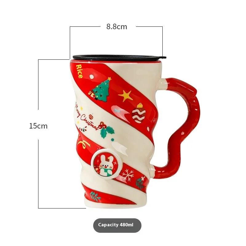 2025 New Christmas Ceramic Cup Threaded Reindeer Large Capacity Creative Mug with Lid Gift Box Cup Cross-border Christmas Gift Y