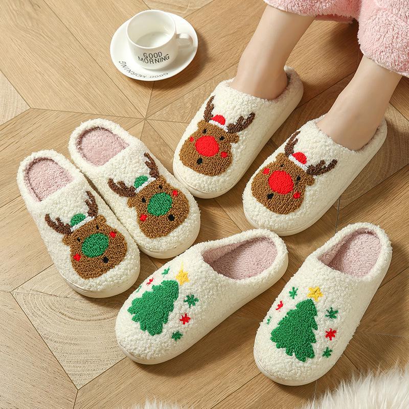 2024 Women's Cute Christmas Elk Plush Cotton Slippers - Cozy Winter Warm Home Shoes for Couples