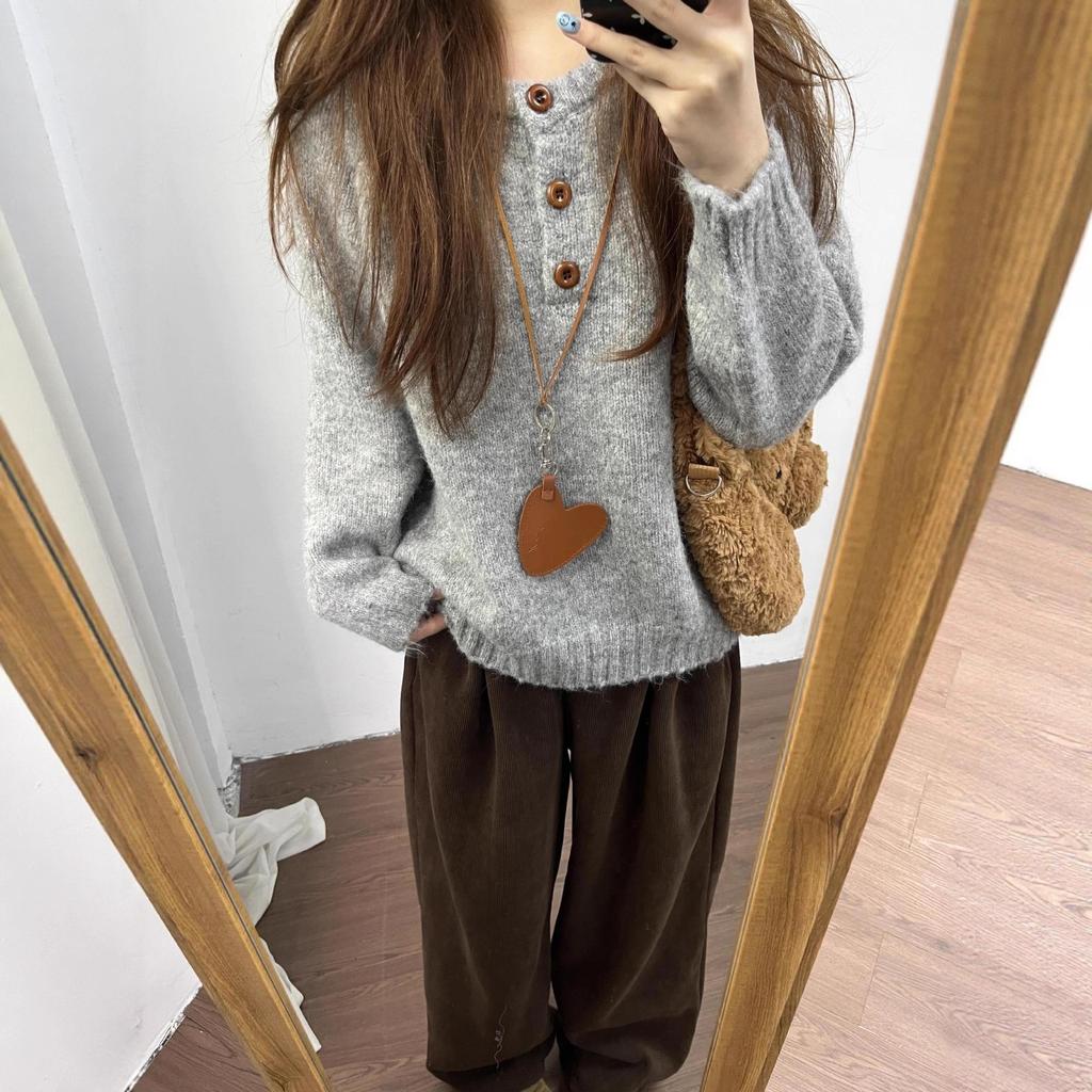 Herbst und Winter Rundhals Pullover Gestrickter Pullover für Damen Locker Lässig Langärmliges Innenoberteil