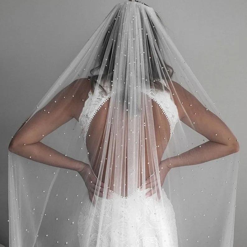 Pearl Beaded Head Veil with/without Comb for Wedding or Bachelorette - BV07