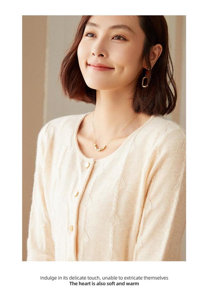 Women's 100% Cashmere Wool Cardigan: Autumn/Winter Round Neck Long Sleeve Sweater