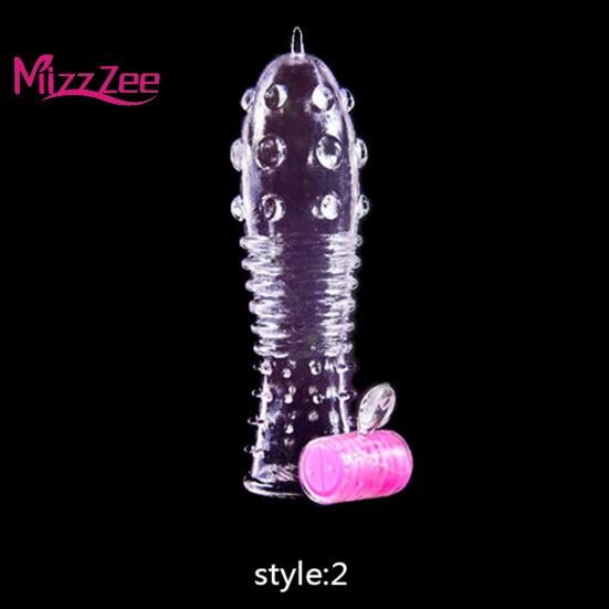 Mizz Zee Vibrator Condom Penis Dotted Thread Clear Lock Extension Sleeve Ring Sex
