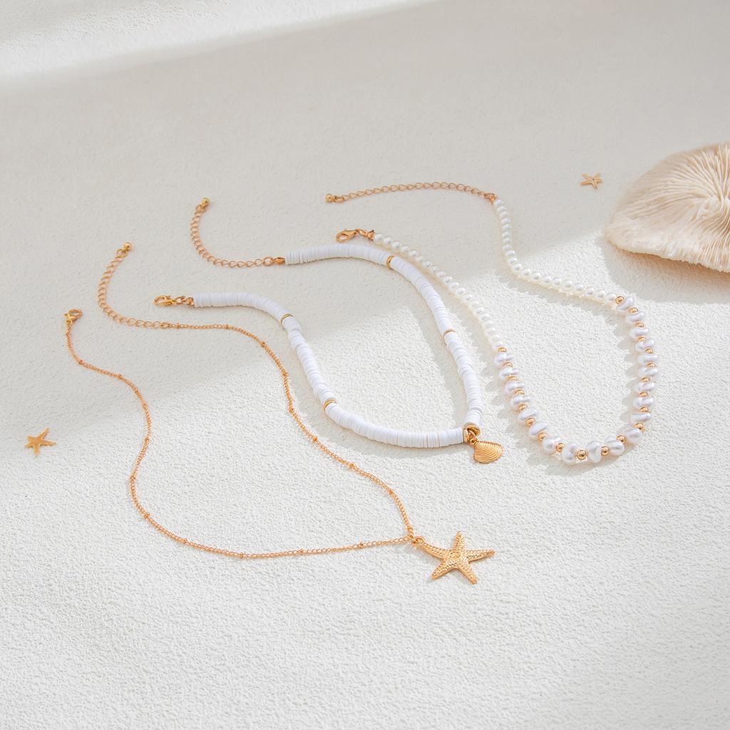 Ingemark 3Pcs Creative Heart Imitation Pearl Polymer Clay Chain Necklace Boho Metal Conch Starfish Pendant Choker Y2K Jewelry