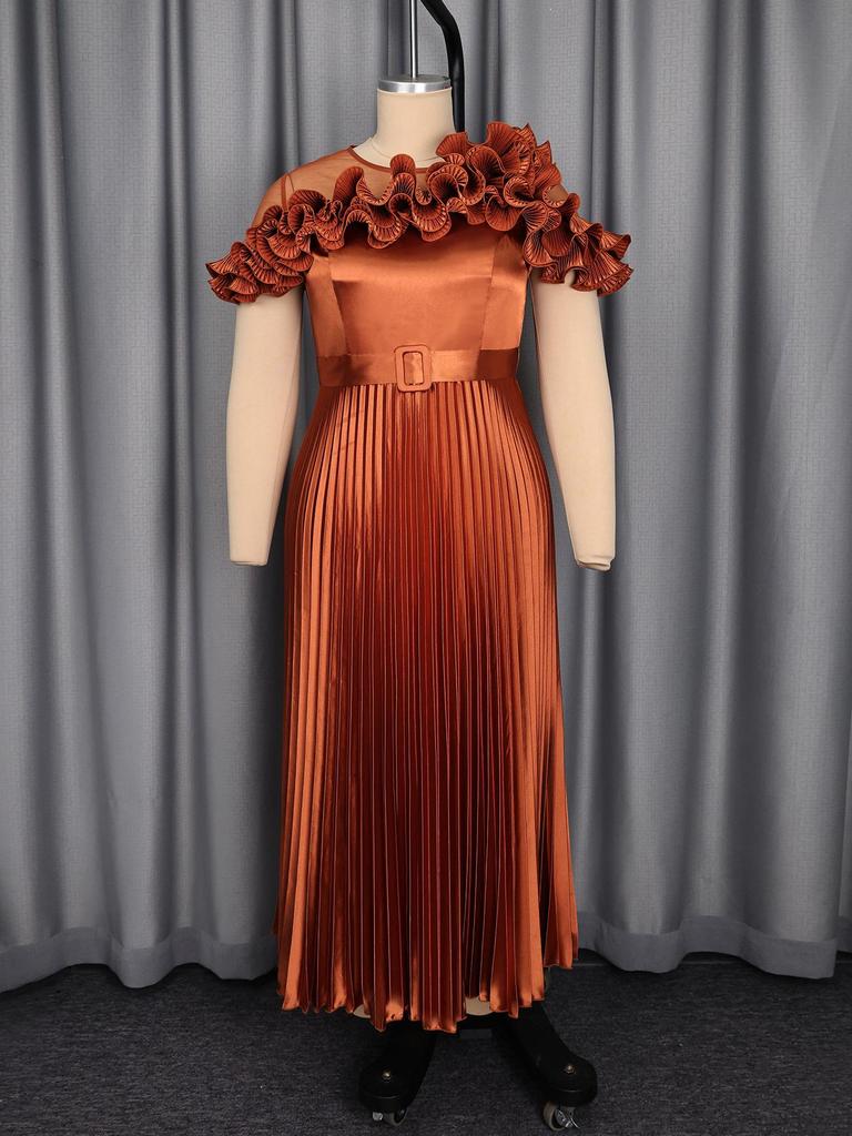 Plus Size Women's Ruffle Hem Mesh Patchwork Dress with Pleated Waist-Cinched Skirt - Elegant High-End Banquet Gown