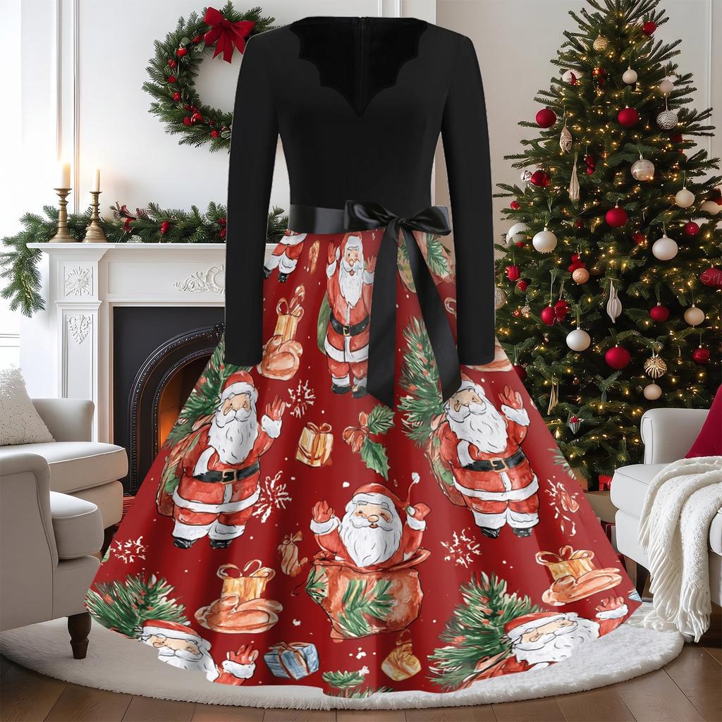 Women's Vintage V-Neck Long Sleeve Christmas Print Casual Dress