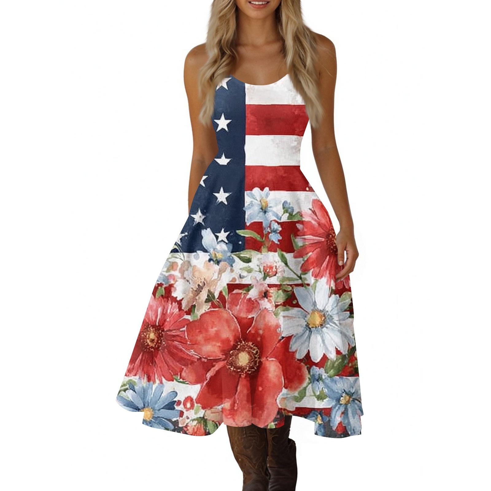 

Women s Casual Fashion Independence Day Print V-Neck Retro Sleeveless Dress XXL