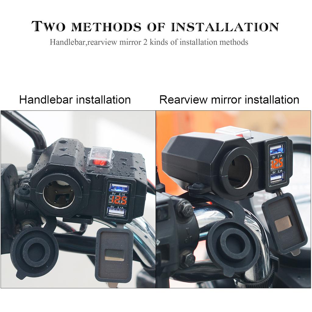 Motorrad Handy Ladegerät, Motorrad Steckdose Dual USB Schnellladebuchse mit Netzschalter, Abdeckung & LED Digital Voltmeter Taster für DC 12V Auto