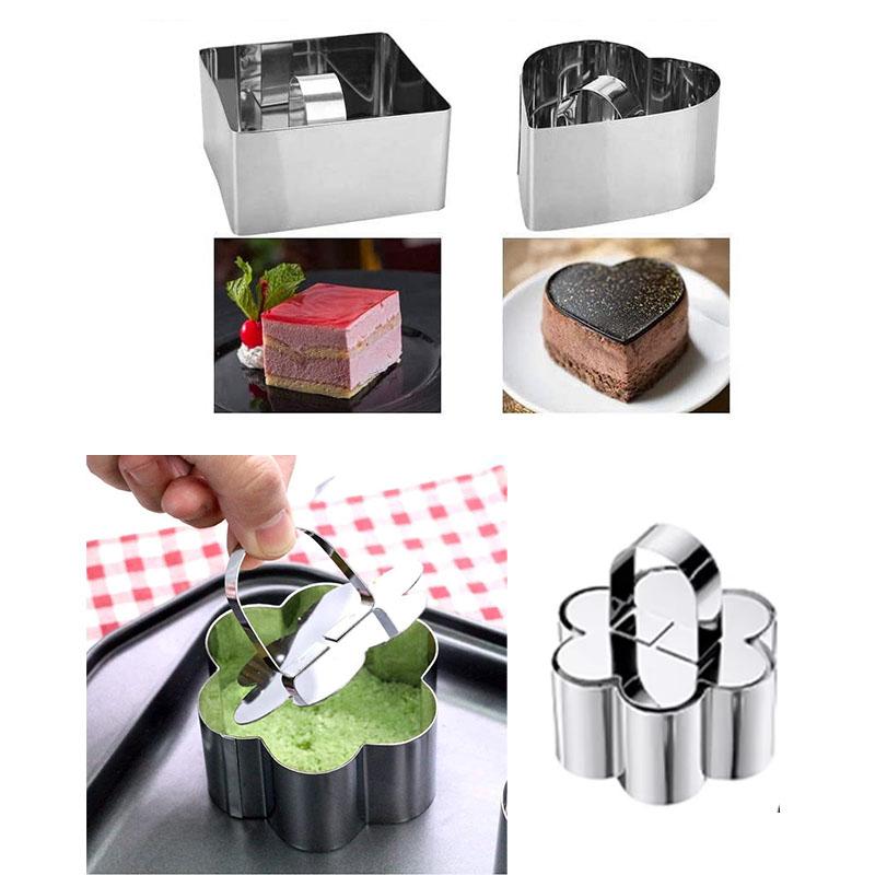 3PCS Stainless Steel Dessert Mold Set Heart Square Flower Shapes DIY Cake Ring for Baking Mousse Cheesecake Pastry Decoration