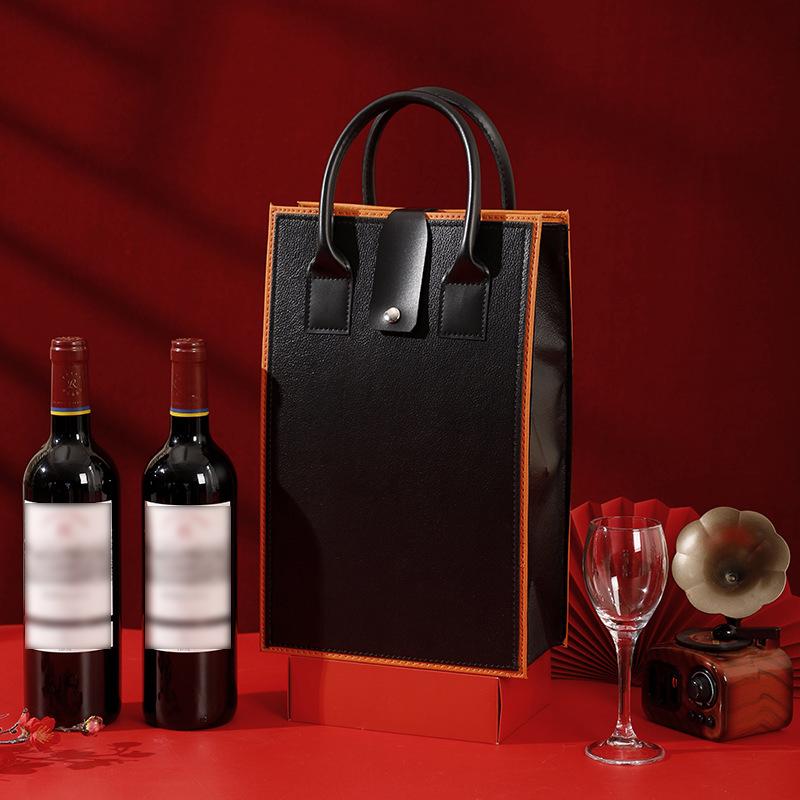 

Luxury Red Wine Packing Bag Exquisite Portable PU Leather Handle Bag Double Bottle Red Wine Tote Bag Champagne Bag Gift Box 22x35cm