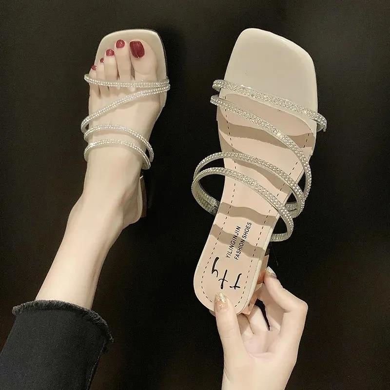 Cool Slippers Women's New Korean Version Summer Fashion Square Head Thick Heel High Heels Women's One-word Slippers