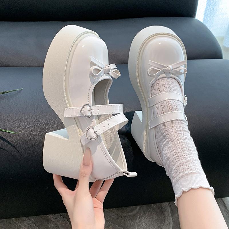 Japanese Jk Heightening French Versatile Small Leather Shoes 2025 Summer New Women's Bow Thick High-heeled Mary Jane Single Shoes