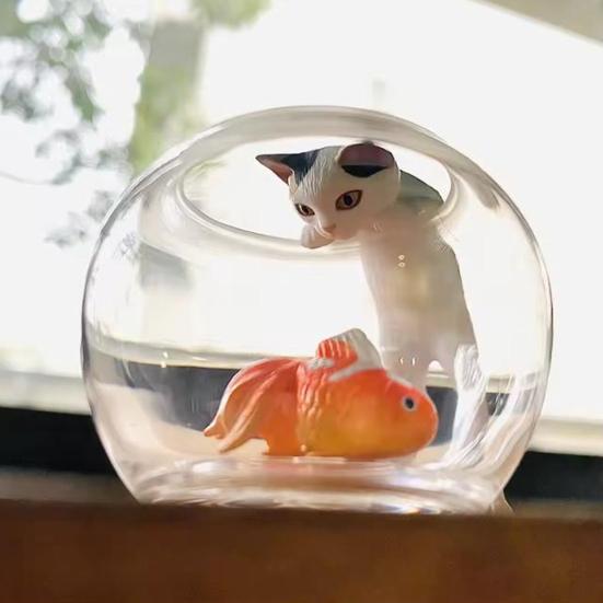 4 Pcs Cute Cat And Goldfish In Fish Tank Figurine Small Aquarium Animal Ornament