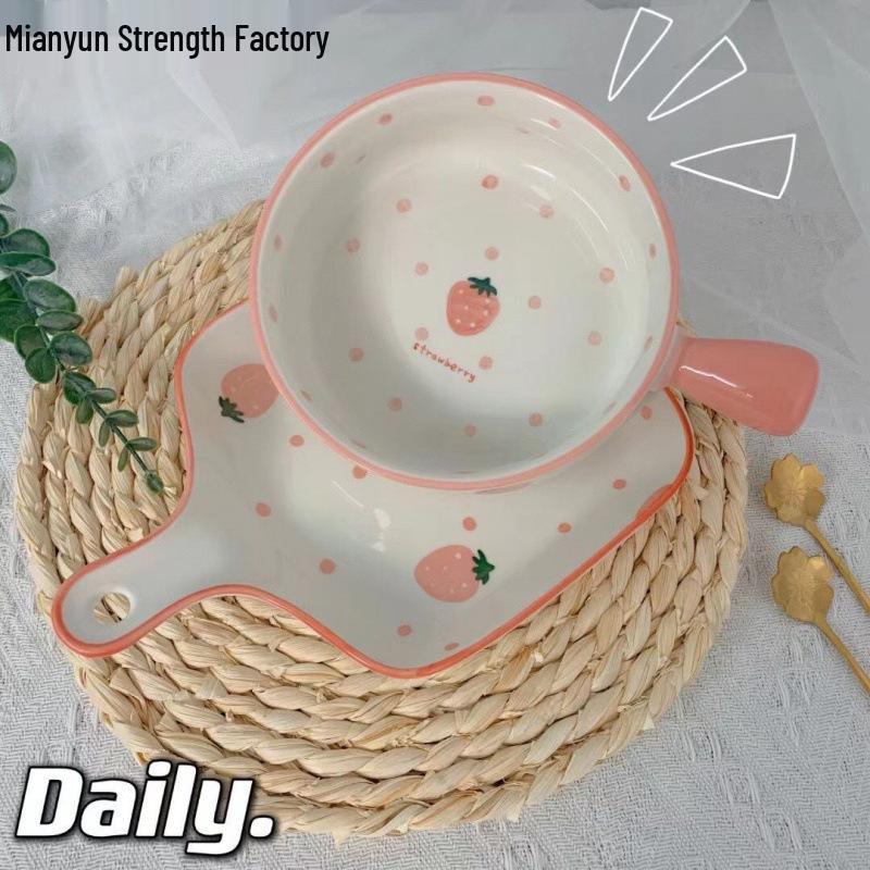 Nordic Style Hand-Painted Ceramic Plates & Bowls with Handles for Microwave, Baking, and Steamed Eggs