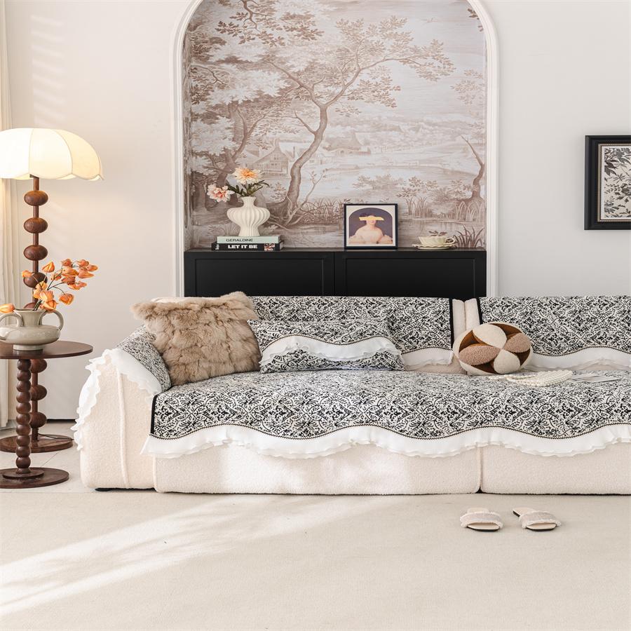 Chenille Skirt Sofa Cushion New Four Seasons Small Fresh Cream Style Sofa Cushion Fixed Non-Slip Cover Cloth
