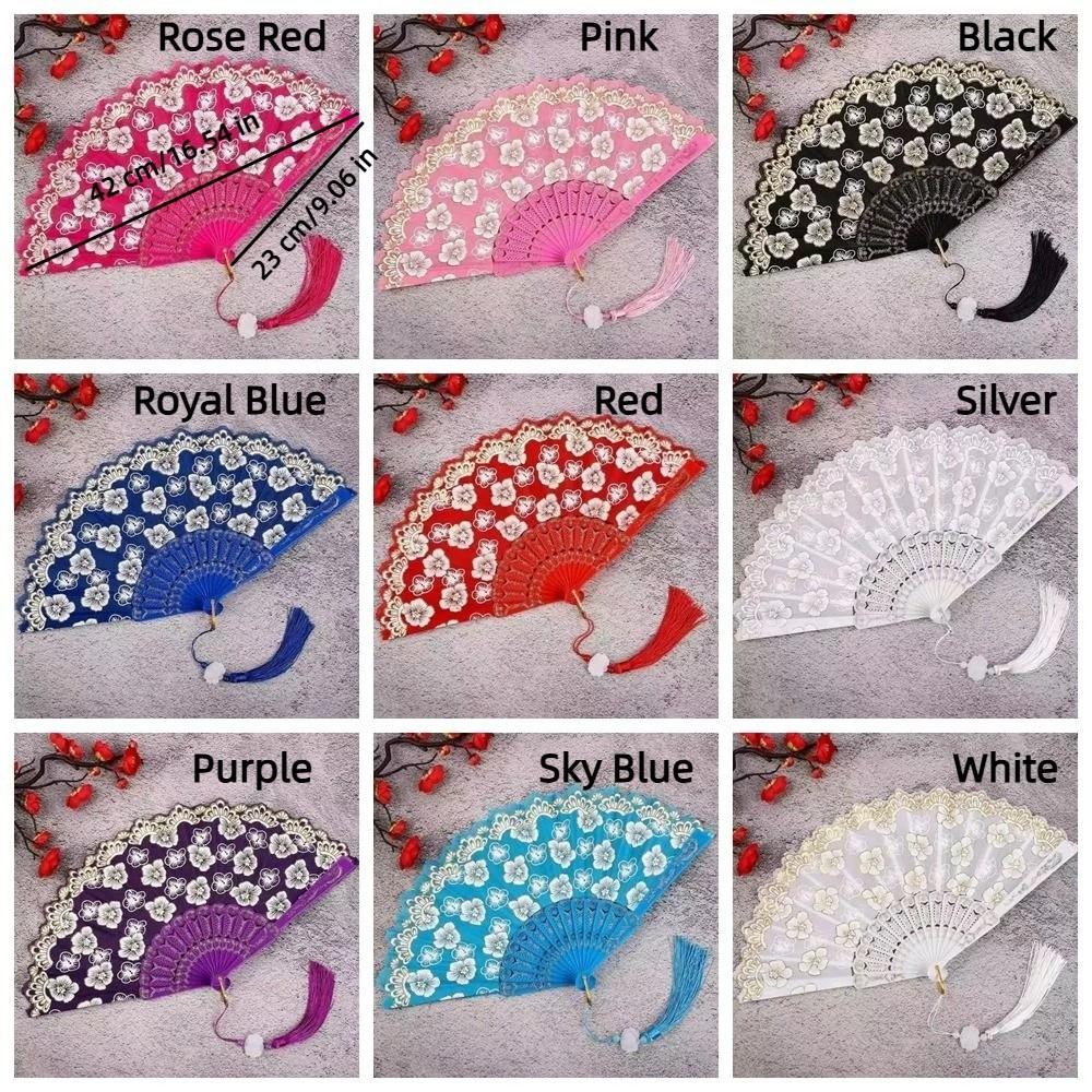 Hanfu Fan Flower Pattern Chinese Folding Fan Traditional Vintage Handheld Fan with Tassel Portable Decorative Fan Cultural Event