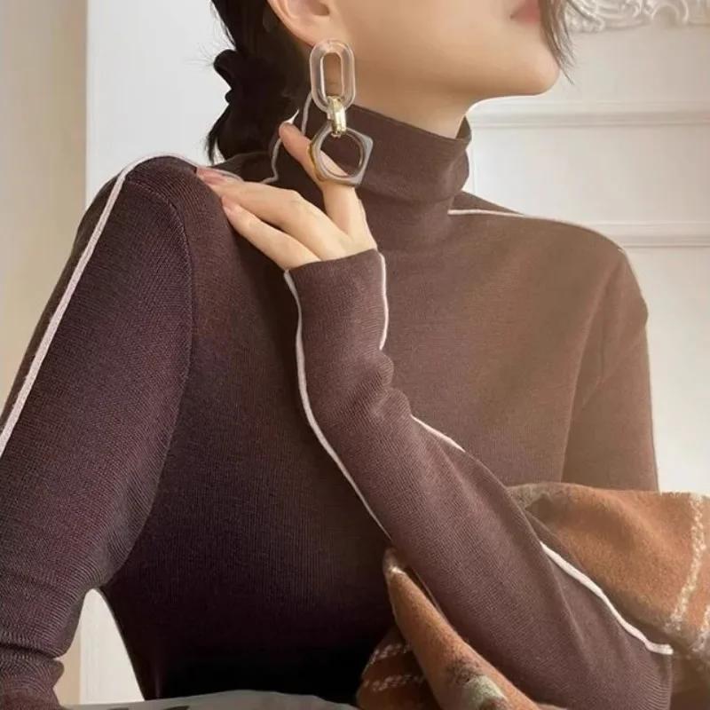 Fashion Turtleneck Pullovers Women Autumn and Winter Slim Fit Long Sleeved Top Elegant Office Lady Sweaters Black White