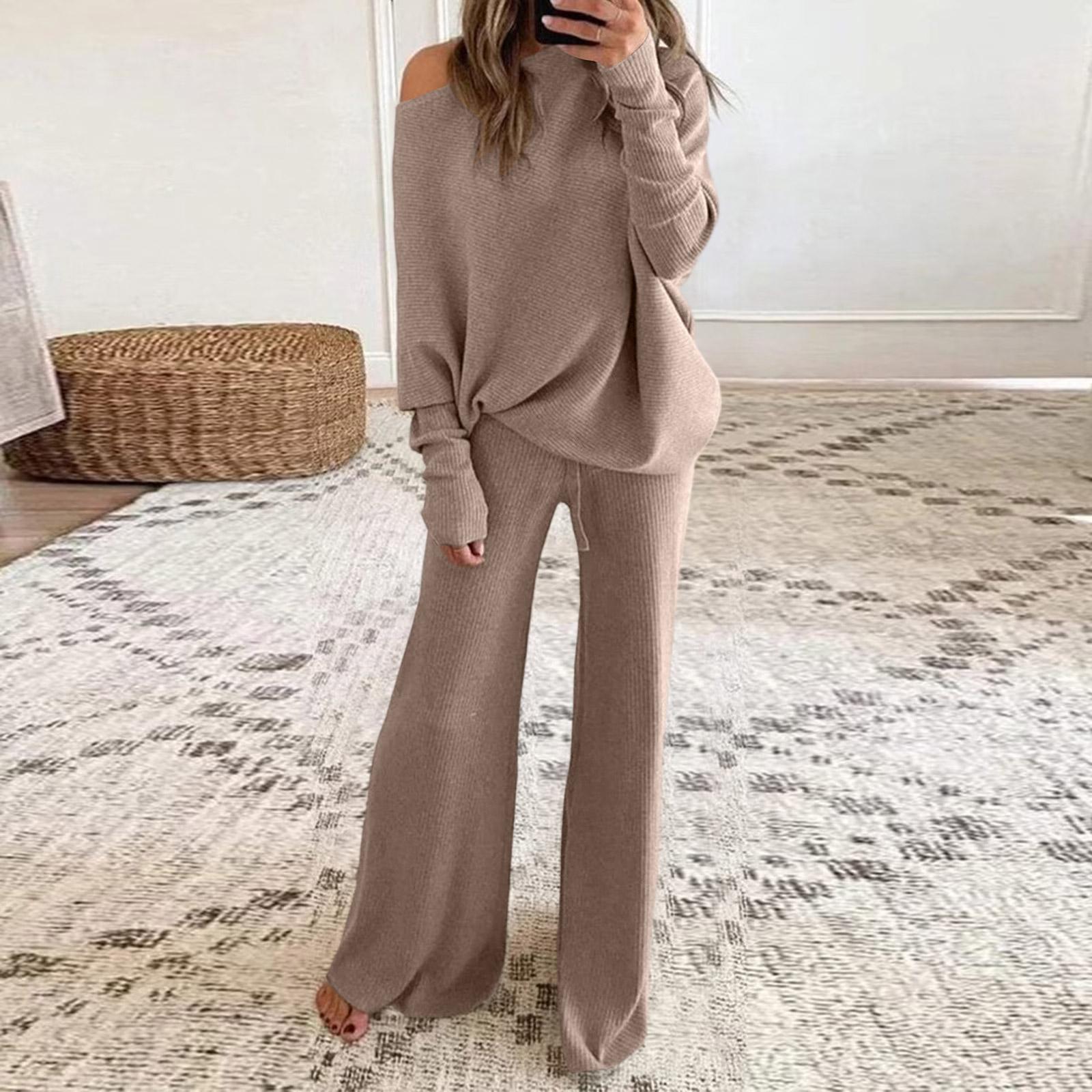 

Women s Fashion Color Long Sleeved Sweatshirt Top Casual Sweatpants Two-piece Set S хакі