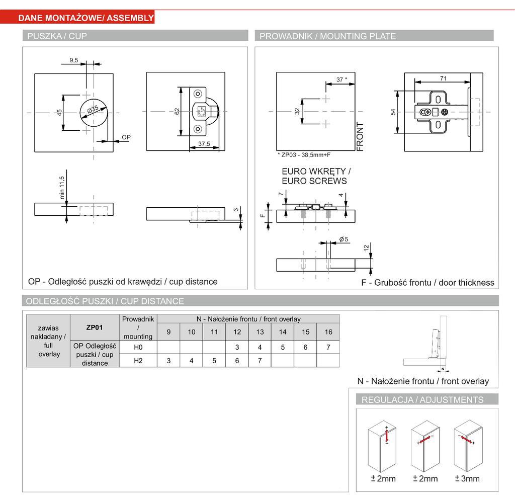 Furniture hinge 35mm ZP01, overlay, soft closing, wood screw