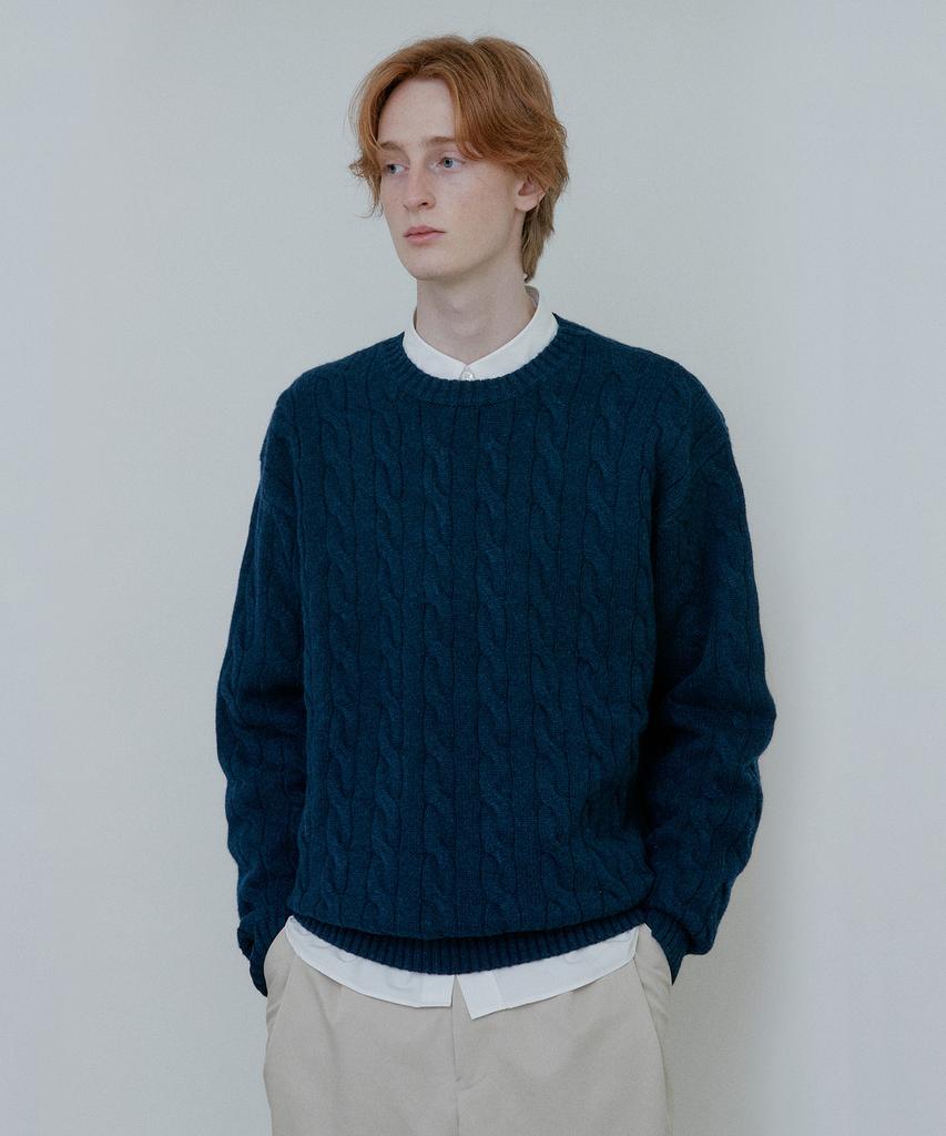 BLANKROOM Wool Cable Knit_Melange Navy