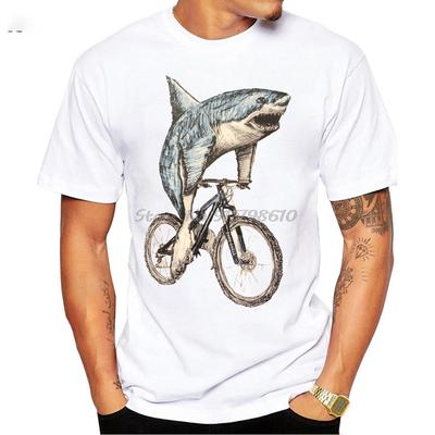 Neue Sommermode Herren Kurzarm Lustiges Hai- und Fahrräder Retro-Design T-Shirt Tierdruck Junge Lässige Oberteile Vintage Weiße T-Shirts