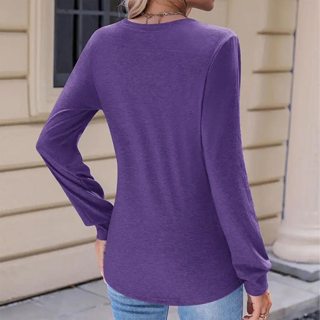 Women's Fashion Casual Solid Color Pleated Comfortable Round Neck Loose Long Sleeve T-shirt Top