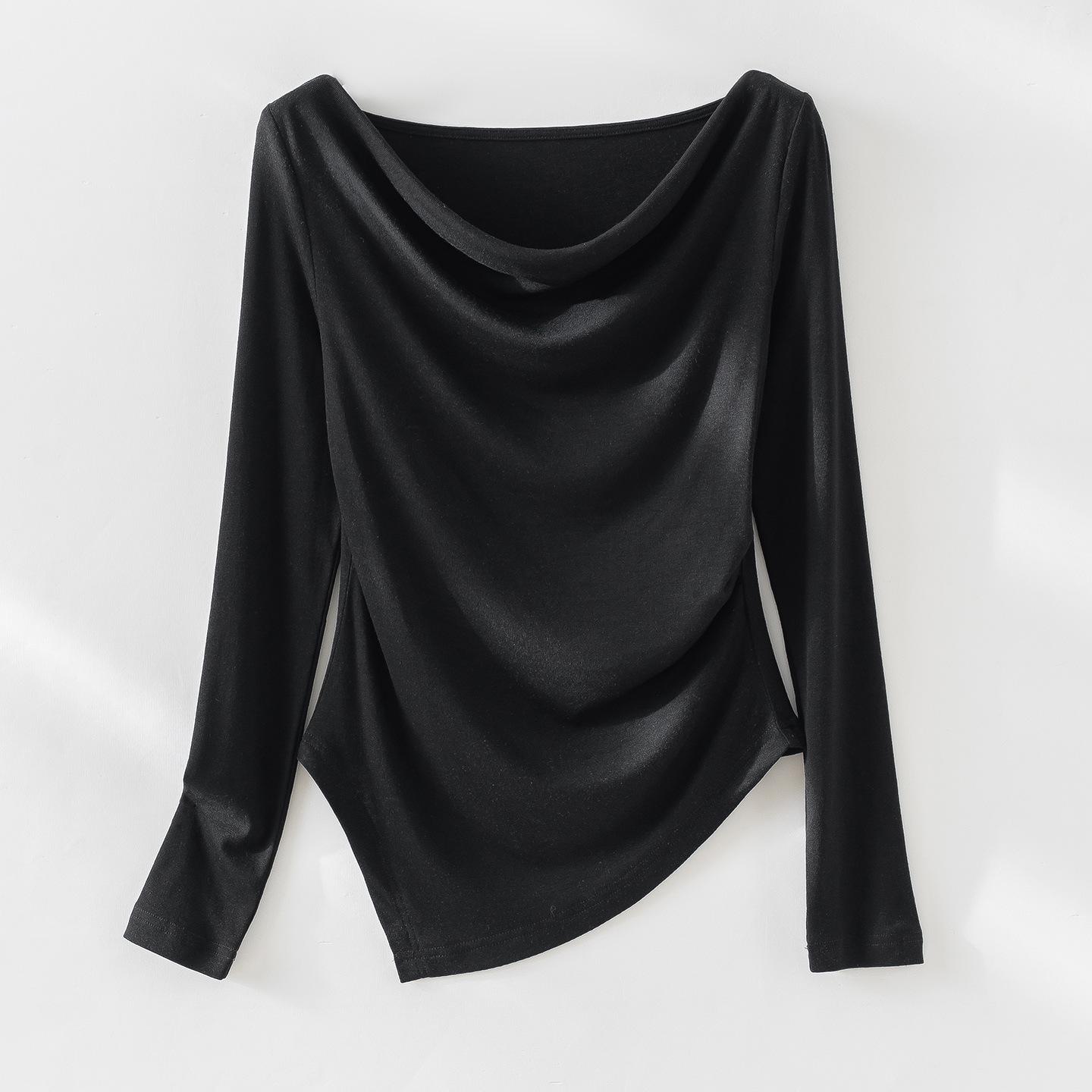 2026 Early Spring Tencel Wool Pleated Long Sleeve Top - Women s Solid Color Irregular Design Small чёрный