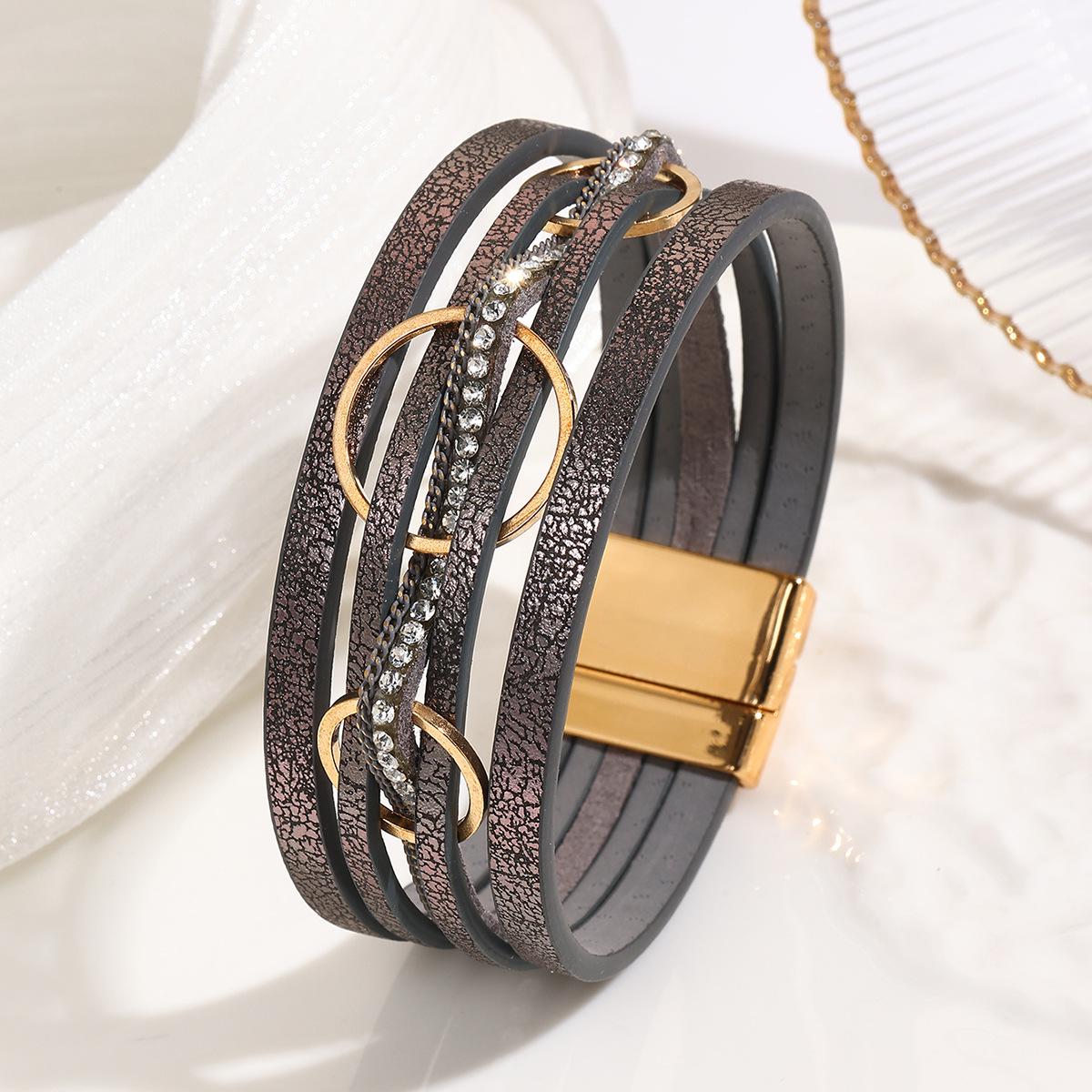 

Богемский плетеный браслет из искусственной кожи с переплетением - Дизайн тройного круга темно-серого