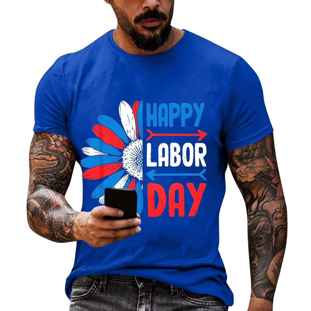 Men's Casual Loose Fit Short Sleeve T-Shirt Crew Neck Printed Graphic Tee for Labor Day Celebration Comfortable Everyday Wear